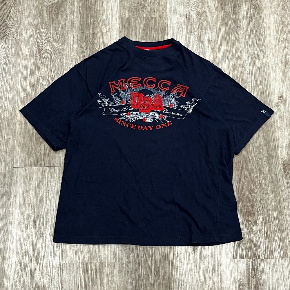 Vintage 00s Y2K Mecca USA Graphic T-Shirt Men's Size XL Dark Blue